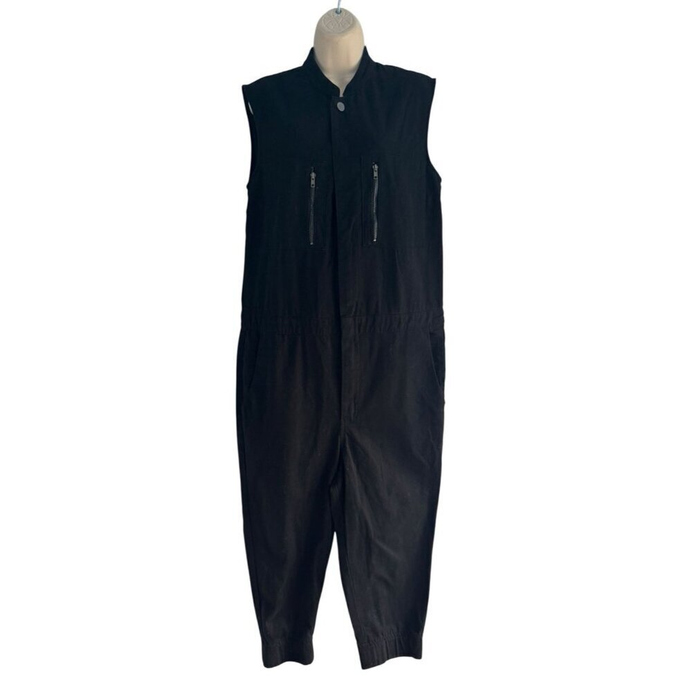 OAK NYC Woman's Sz S Black Sleeveless Zip Up Denim Jumpsuit